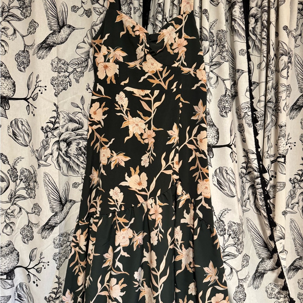 Maurices Floral Fall Dress in Dark Green and Peach. Pair with boots and cardi